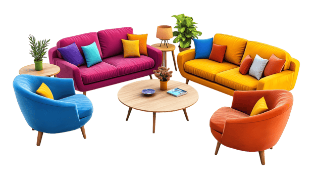 Vibrant colorful living room furniture arrangement isolated on transparent background. png