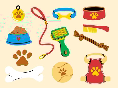 Illustration of pet accessories and grooming tools vector