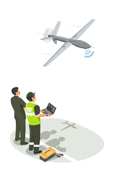 Military engineers operating an advanced UAV system with real-time data monitoring to support defense technology development and aerial surveillance missions vector