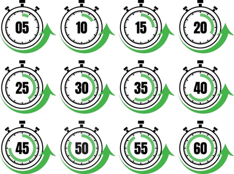 a set of stopwatch icons with green arrows vector