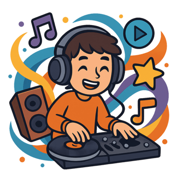 Happy Cartoon DJ Mixing Music with Colorful Background Elements png
