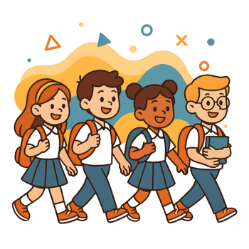 Cartoon Students Walking Together with Backpacks in a Simple Design png