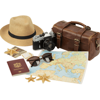 Vintage suitcase with hat, sunglasses and vintage camera represents travel and adventure, transparent background png