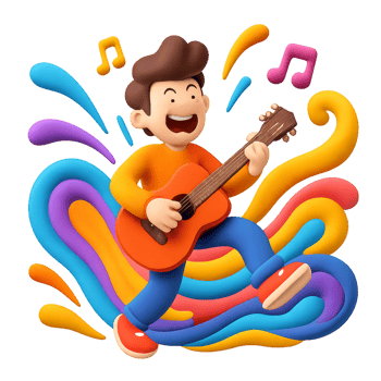 Vibrant 3D Character Playing Guitar with Colorful Music Elements png