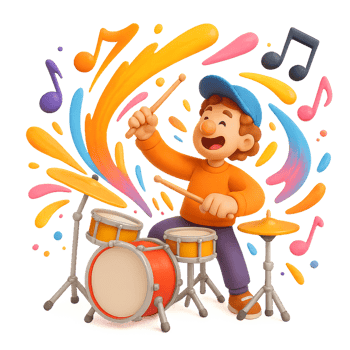 Colorful Cartoon Drummer in Action with Musical Elements png