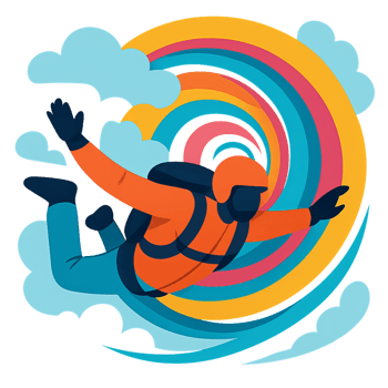 Vibrant Skydiver in Colorful Descent with Clouds and Swirling Patterns png