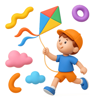 Happy Child Flying a Colorful Kite with Playful Shapes Around png