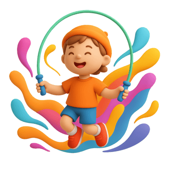 Joyful Child Jumping with Jump Rope and Colorful Splash Elements png