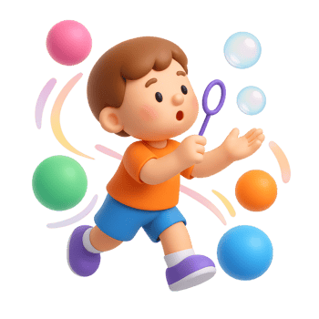 Kid Playing with Colorful Bubbles in a Playful Environment png