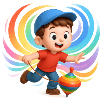 Happy Kid Playing with a Colorful Spinning Top in a Vibrant Background png