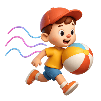 Playful Cartoon Child Running with Beach Ball at Summer Fun png