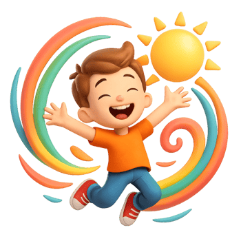 Joyful Child Jumping with Rainbows and Sun in a Colorful Scene png