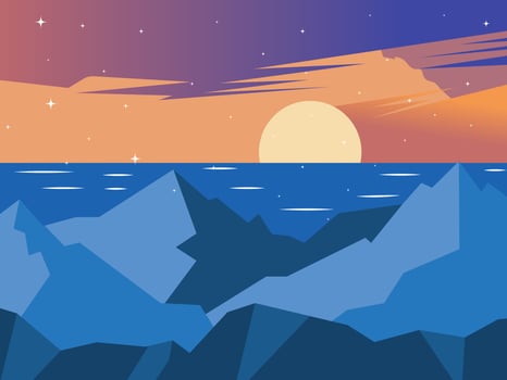 Sunset over ocean and mountains vector