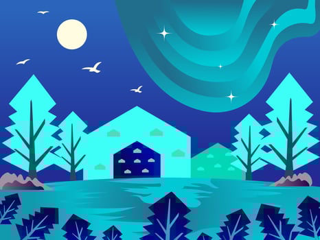 Night scene with house and northern lights vector