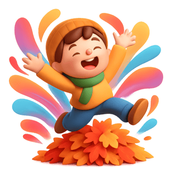 Joyful Child Jumping in Colorful Leaves with Splashing Colors png
