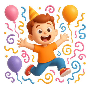 Joyful Child Celebrating at a Colorful Party with Balloons and Confetti png