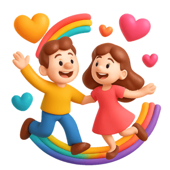 Joyful Dancing Couple with Colorful Hearts and Rainbow Elements png