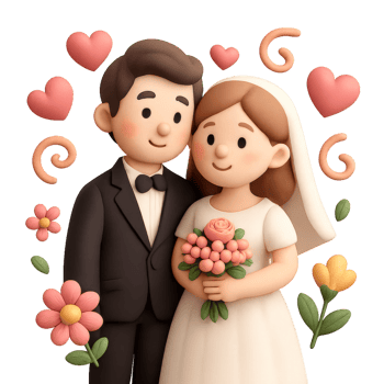Charming Cartoon Wedding Scene with Happy Couple and Floral Decor png