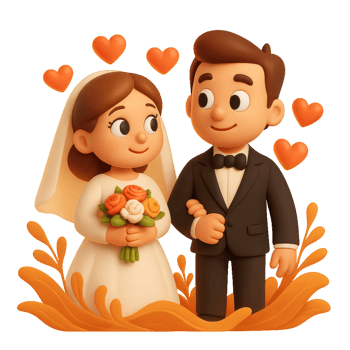 Charming Cartoon Bride and Groom with Heart Decorations and Flowers png
