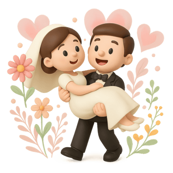 Romantic Cartoon Wedding Scene with Bride and Groom Embracing png