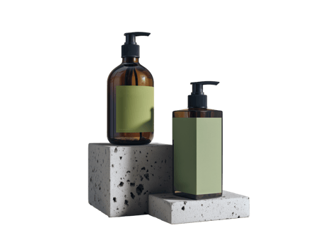 two bottle amber glass pump black two product cosmetic skincare presentation. Simple natural earthy clean modern packaging display on stone block. Studio shot png