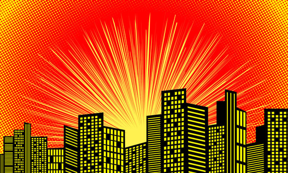 Comic cartoon background with city silhouette and halftone texture vector