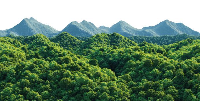 Green forested mountains with multiple peaks isolated on transparent background png