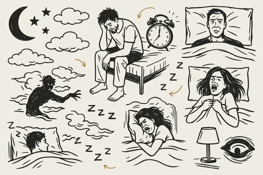Disturbed slumber insomnia sleeplessness illustration featuring various sleeping and wakeful vector
