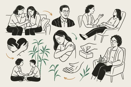 Mental health therapy sessions and support group conceptual line art illustration various vector
