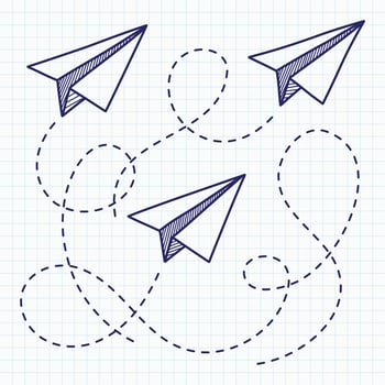 Hand drawn doodle illustration of flying paper airplanes with dashed lines showing flight paths on a grid paper background. Ideal for school, creativity, and freedom concepts. vector
