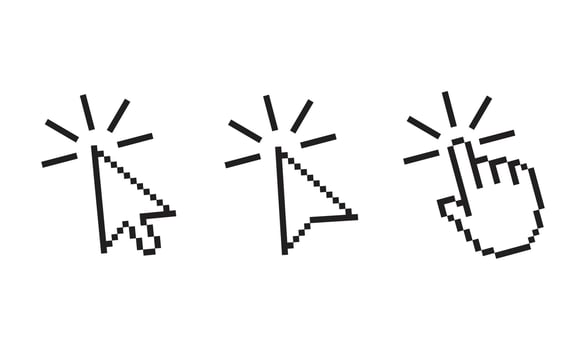 Pixel cursor pointer icons set. Computer mouse click arrow and hand. Pixel hand arrow logo isolated vector