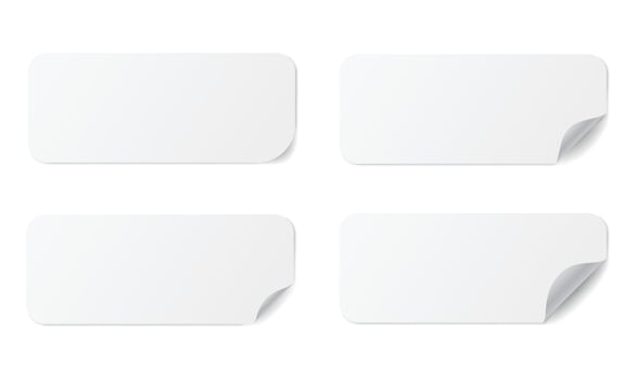 Realistic paper stickers long square with rounded edges adhesive, isolated rounded plastic mockup, white tags, paper round stickers with peeling corner and shadow vector