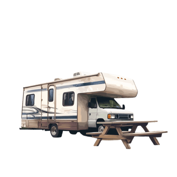 Large white and blue motorhome RV with picnic table png