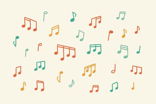 Set of handwriting childish music notes. Cute Lina doodle in kid style. Crayon and pencil child hand drawn scribble. Groovy whimsical melody background. Playful boho music festival concept vector