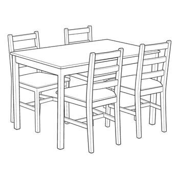 illustration of a hand-drawn dining table with four chairs in clean black and white. vector