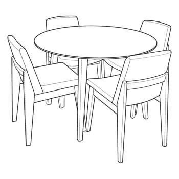 illustration of a hand-drawn dining table with four chairs in clean black and white line art style. vector