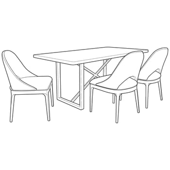 a line drawing of a dining table and chairs. vector