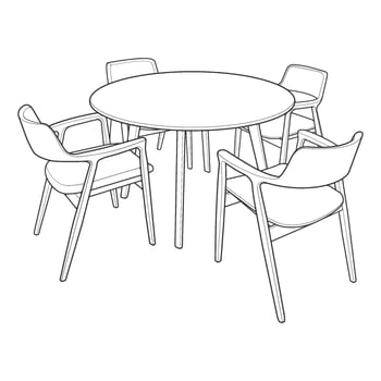 a line drawing of a round table and chairs. vector