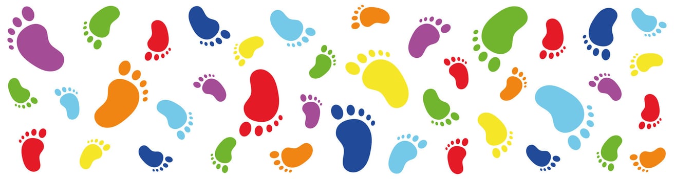 Colorful baby footprints banner. Multicolored foot prints. Cute children's feet design for kids decor, baby shower, textile, background, web banner, or nursery vector