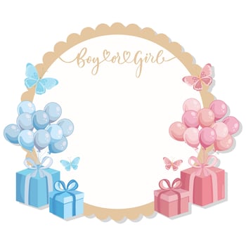 Cute gender reveal frame Blue and pink balloons presents Girl or boy vector