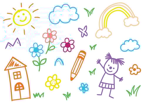 Colorful set of hand drawn cloud,sun,boat,tree, pen,grass vector