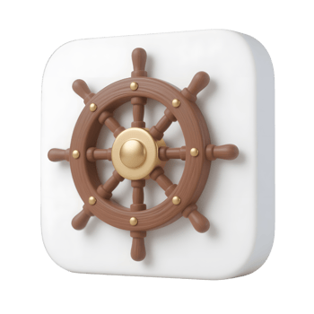 A wooden ship steering wheel icon on a white square isolated png