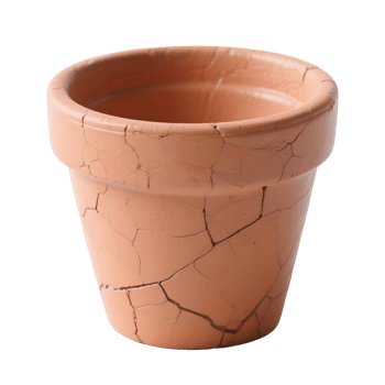 An empty cracked clay flowerpot isolated on transparent background png
