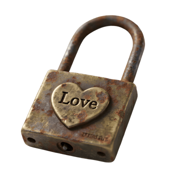 An old rusty padlock with a heart and the word love isolated on transparent background png