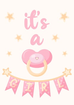 Gentle postcard It's a girl. Poster with baby Dummy and garland for gender reveal party in pink tones. illustration. vector