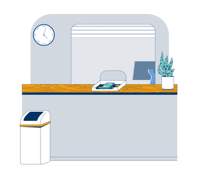 Empty bank counter with money tray 2D illustration. Teller station. Cashier interior setup. Professional banking service desk flat scene isolated on white background. Colorful cartoon image vector