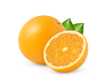 Orange fruit and a cut in a half isolated with green leaf. png