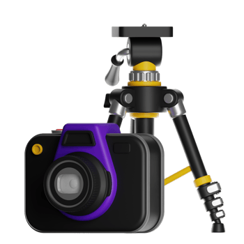 Purple and black camera resting on a tripod with transparent background png