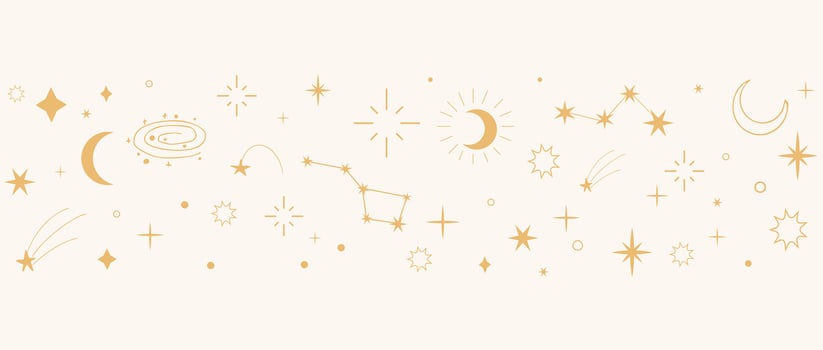Mystical celestial border divider with stars, moons, and sparkles. Elegant golden ornament set for tarot, magic, spiritual designs. vector