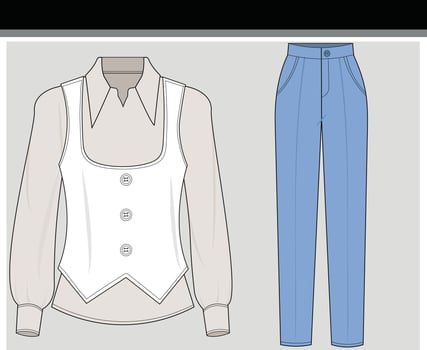 Flat sketch woman's shirt and pants, with a vest and vest vector